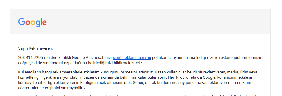 Google Ads Sınırlı Reklam Sunumu Çözümü
